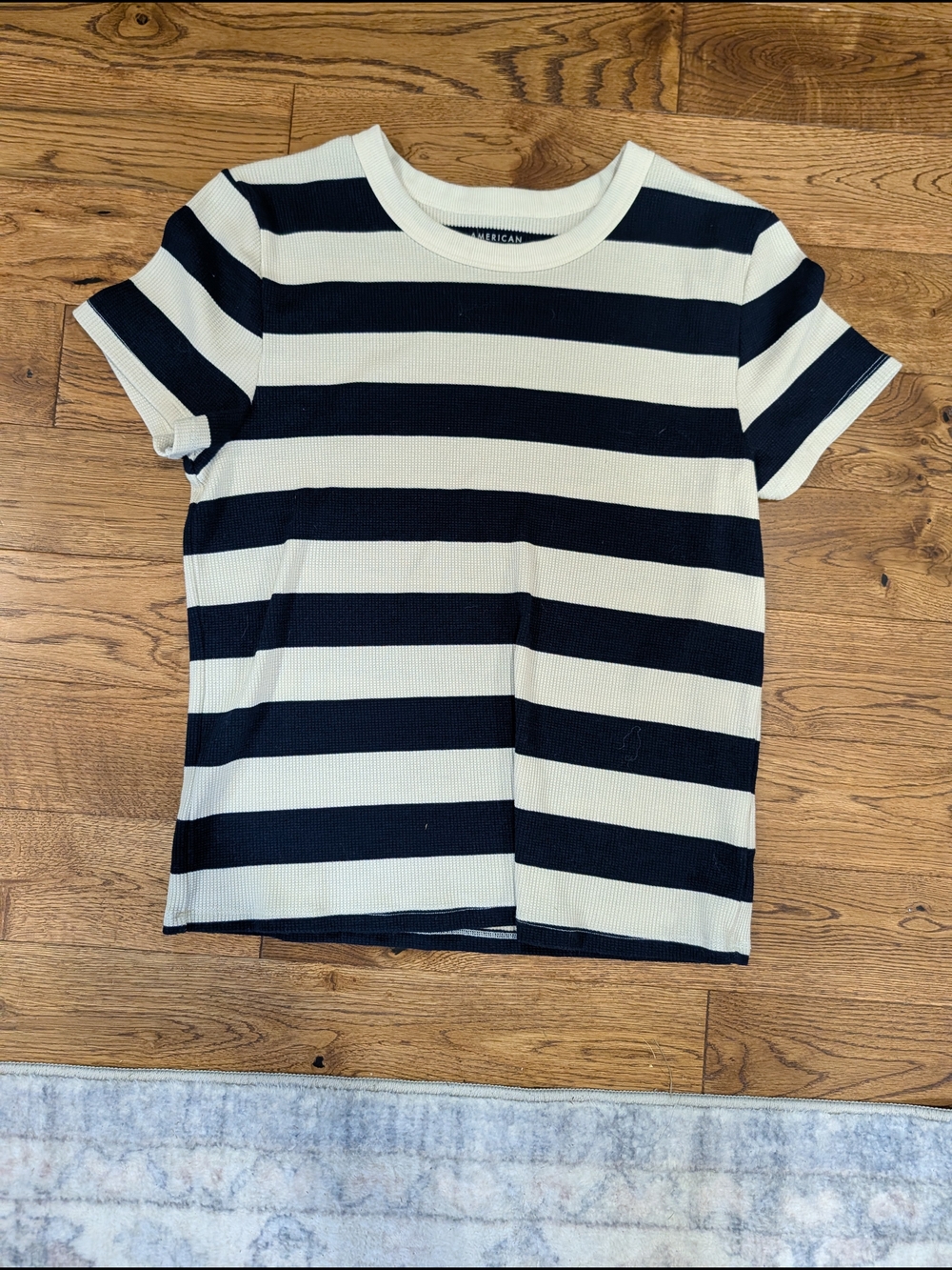 American Eagle Navy and Cream Striped Waffle Knit Tee